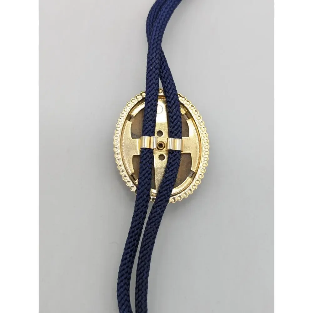 Vintage Bolo Tie With Oval Agate Stone on Metal Western Navy Braided Cord
